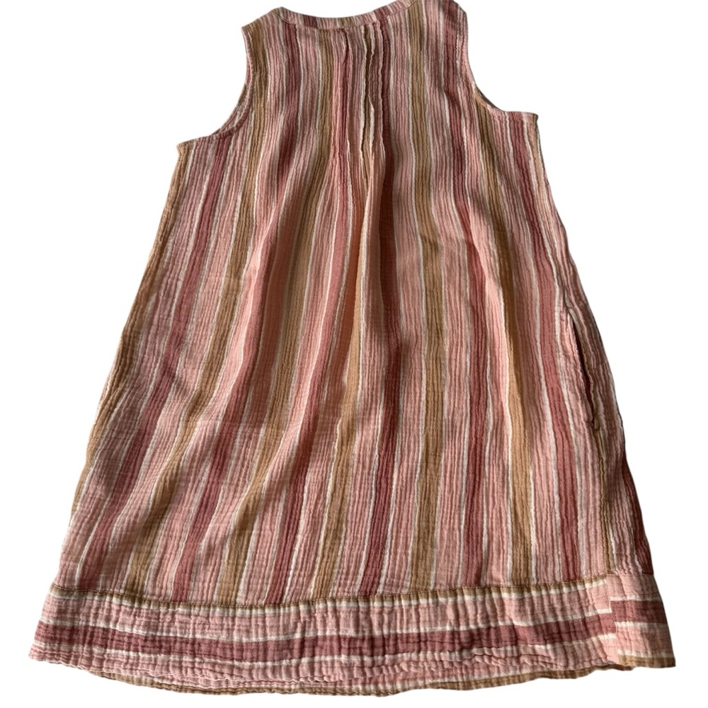 100% Muslin Cotton Striped Sleeveless Pink Beige Swing Dress, Scoop Neck, Sz L - Picture 2 of 6